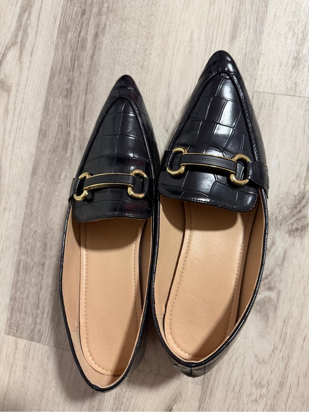 Black Croc-Embossed Pointed Toe Loafers with Gold Hardware
